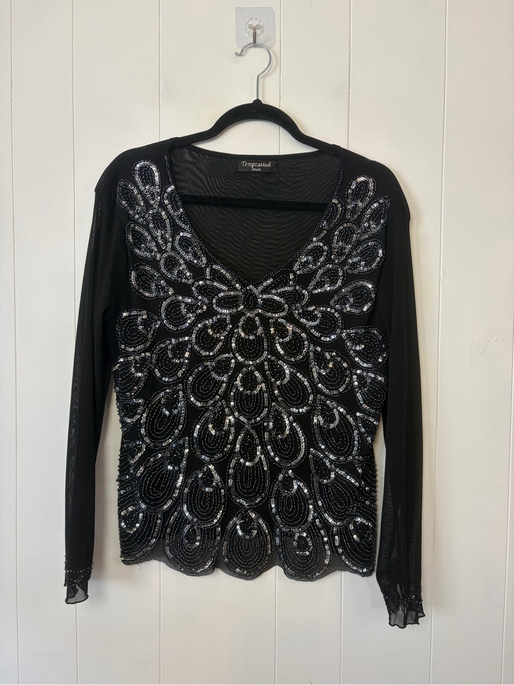 Vintage Size Large Black Beaded Silver Sequin Sheer Top Whimsigoth Gothic Y2K - Picture 2 of 11